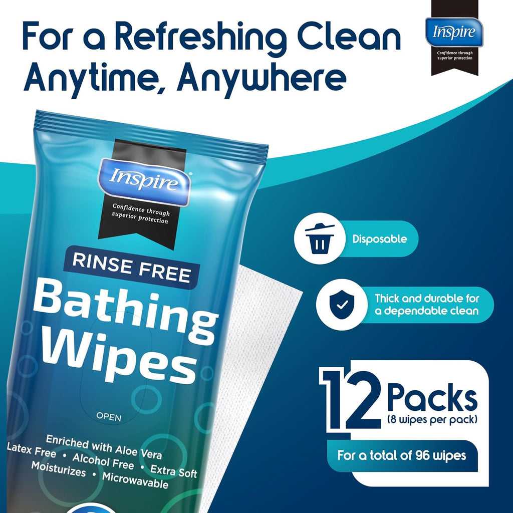 Inspire Adult Body Wipes Rinse-Free Bathing Washcloths, Aloe Vera, Incontinence

