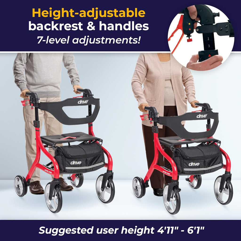 Drive Medical Nitro Sprint Foldable Rollator Walker with Seat, Large Wheels


