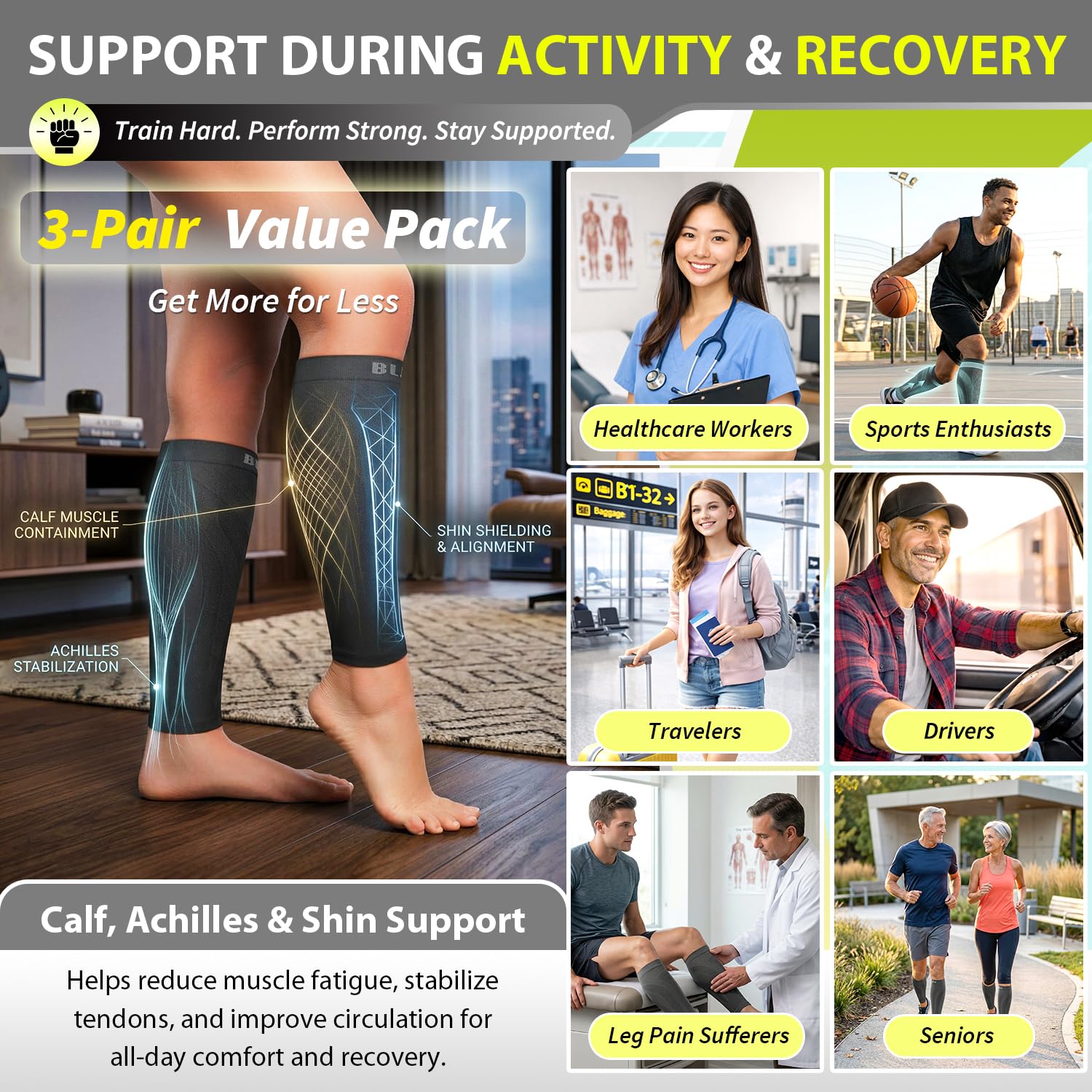 BLITZU Calf Compression Sleeves Footless Socks for Men and Women, Shin Splints

