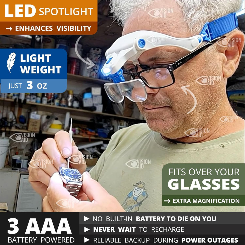 Vision Aid LED Magnifying Glasses Headband with 5 Lenses, Hands-Free Magnifier Case

