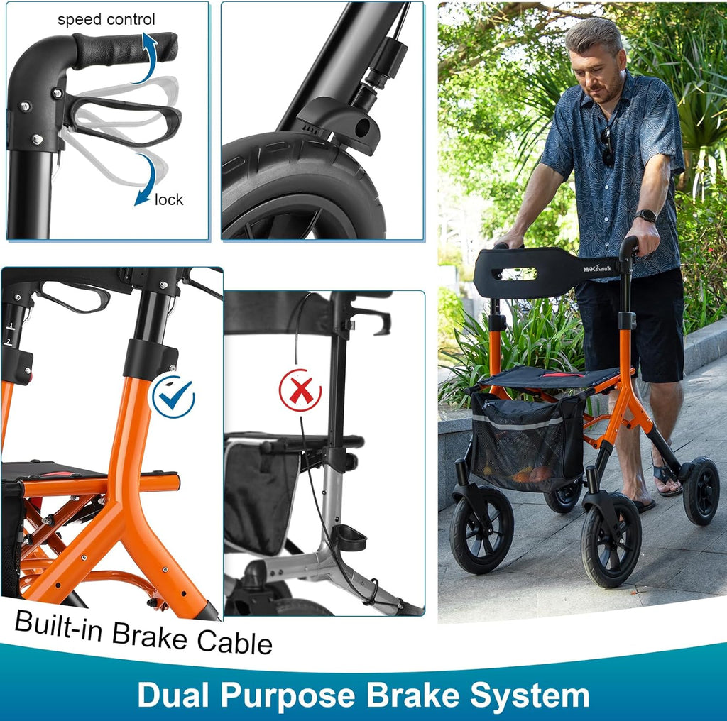 MAXWALK Rollator Walker with Seat, Tall All-Terrain 12-inch Rubber Wheels, Foldable

