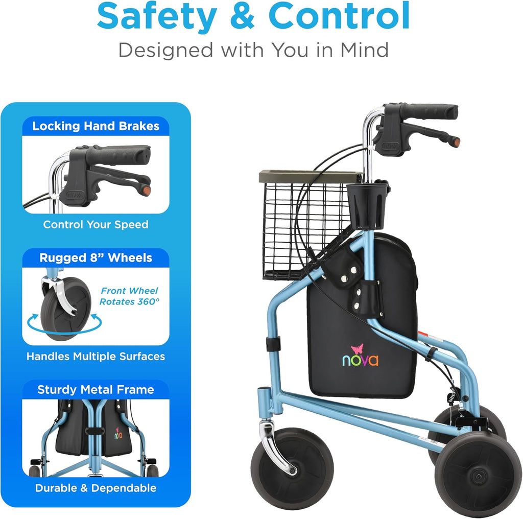 NOVA Traveler Folding 3-Wheel Walker with Tray Basket Pouch and Cup Holder

