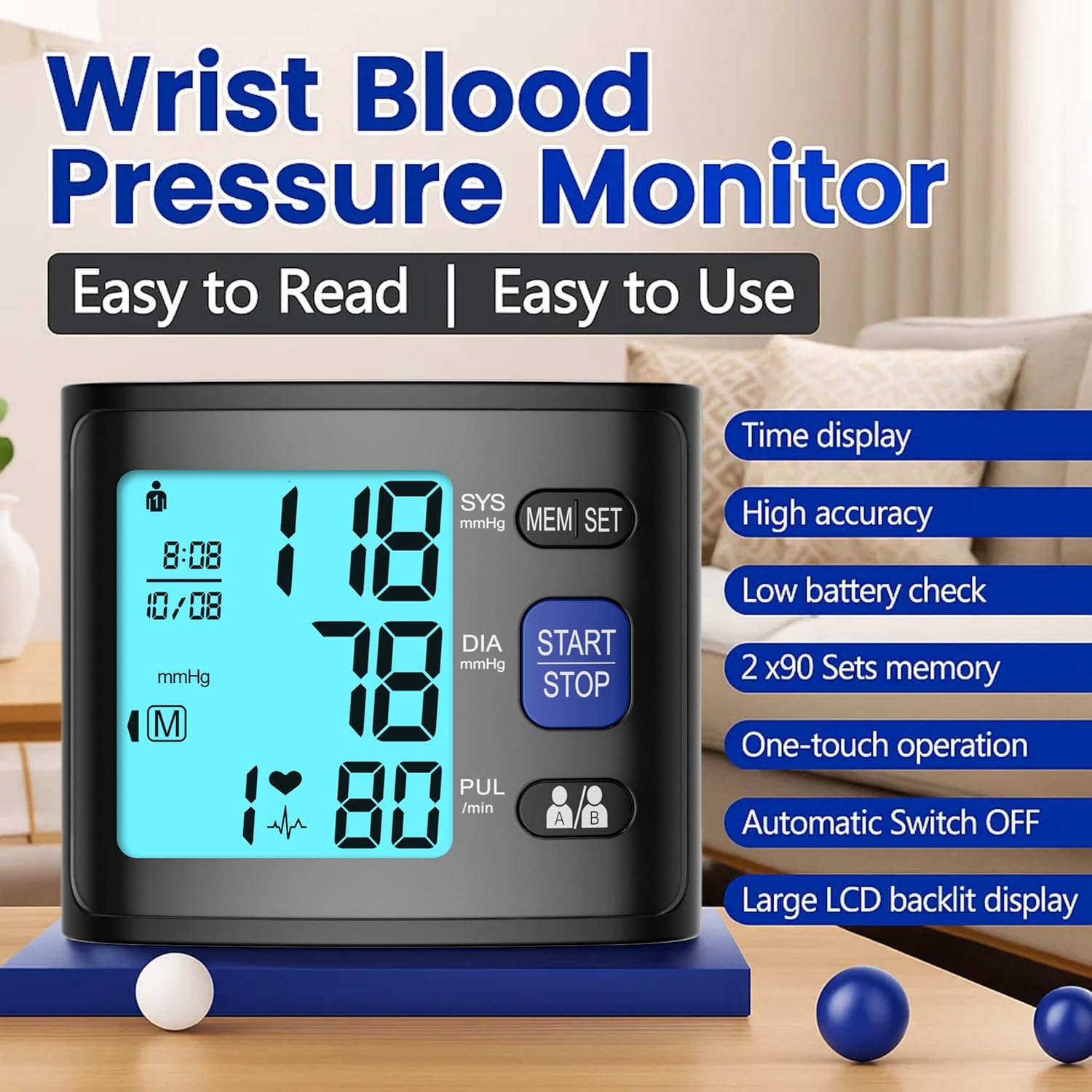 GUAEVER Automatic Wrist Blood Pressure Monitor with Backlit Display and Voice

