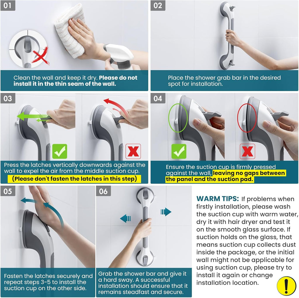 TAILI 16 inch Suction Cup Shower Grab Bar, Removable Bathroom Safety Handle

