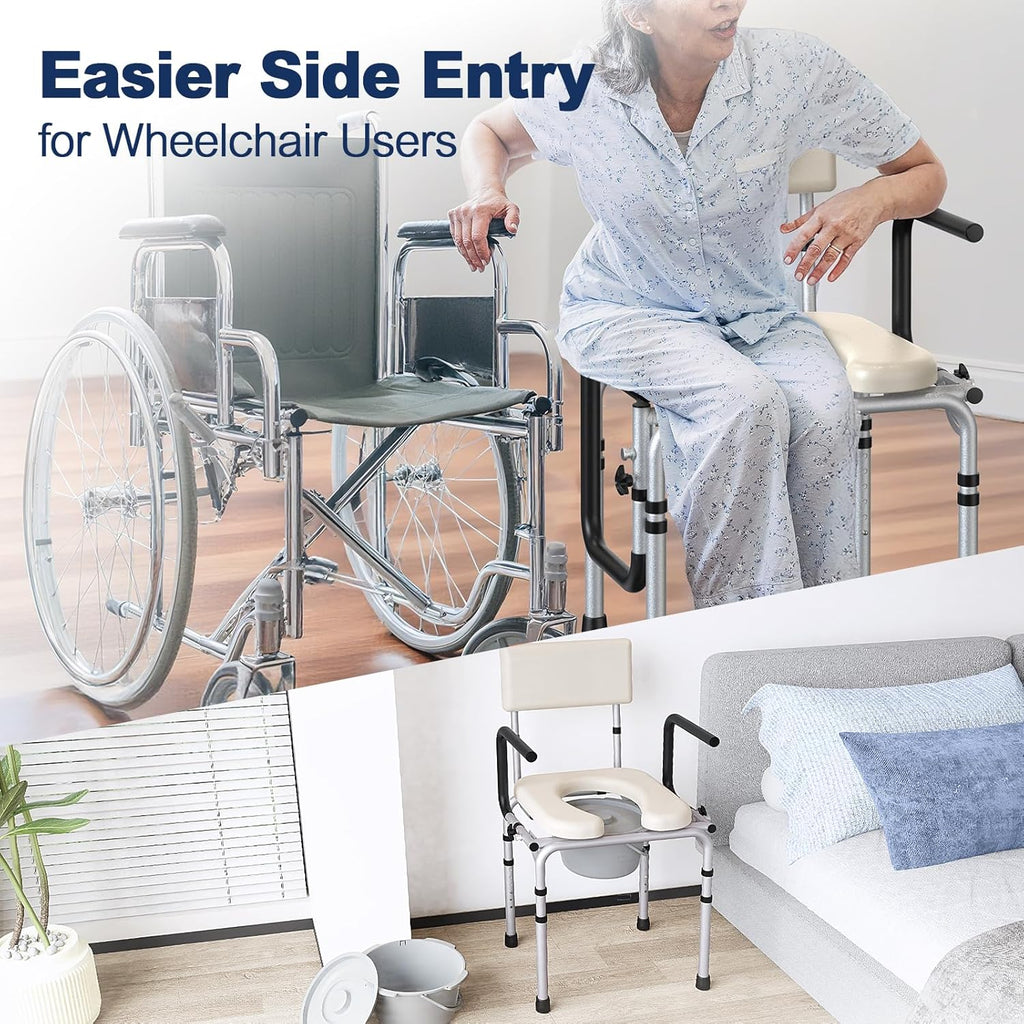 Drop-Arm Bedside Commode with Padded Seat and Backrest, 400 lb Portable Toilet

