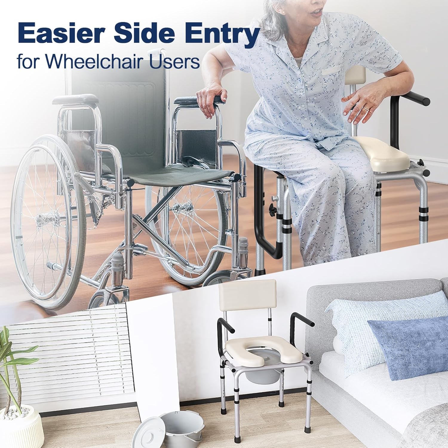 Drop-Arm Bedside Commode with Padded Seat and Backrest, 400 lb Portable Toilet

