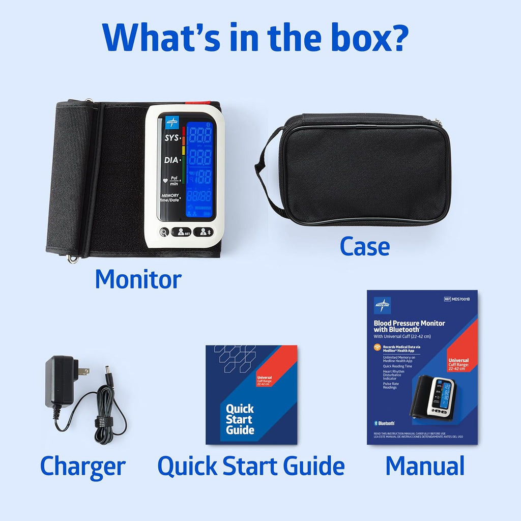 Medline Bluetooth Blood Pressure Monitor with Universal Upper Arm Cuff, LCD Display

