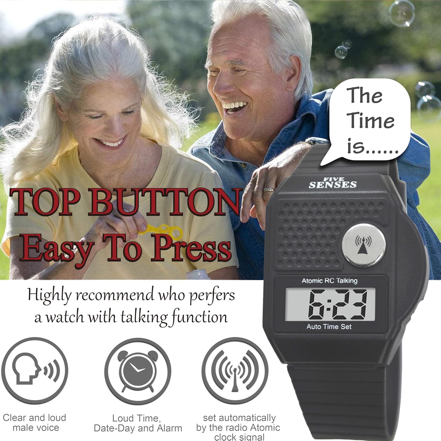 Five Senses English Atomic Talking Watch, Loud Audible Timepiece for Vision Impaired

