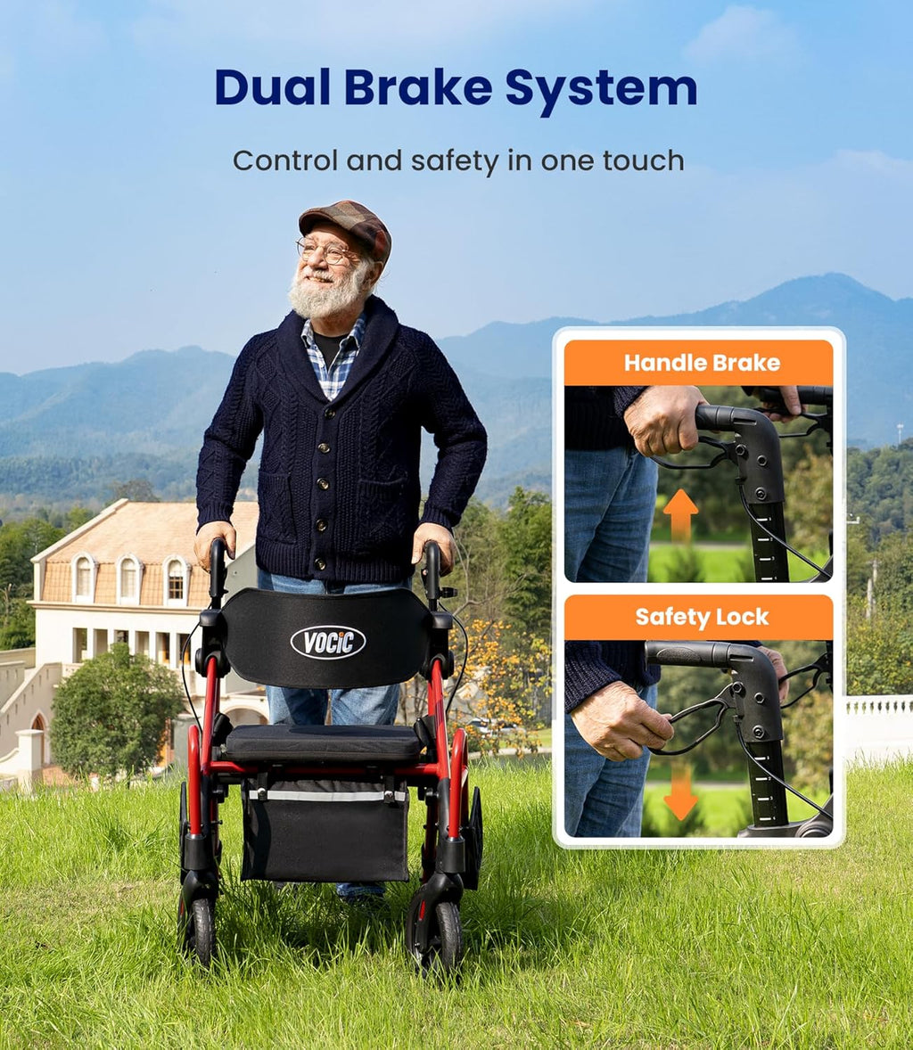 VOCIC 2-in-1 Walker Transport Wheelchair Rollator with Seat, Brakes, All-Terrain Wheels

