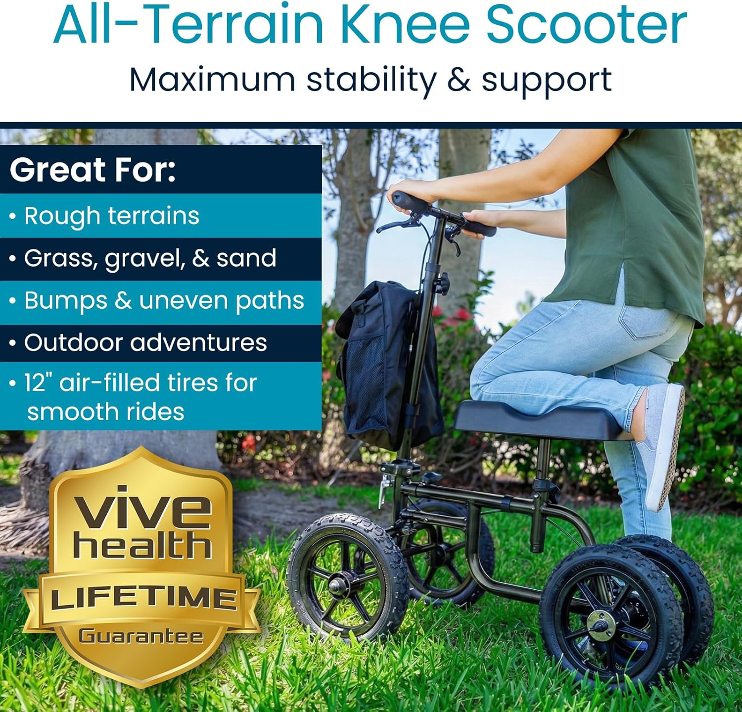 Vive Mobility Quad Knee Walker with Steering Handle, Seated Knee Scooter Aid

