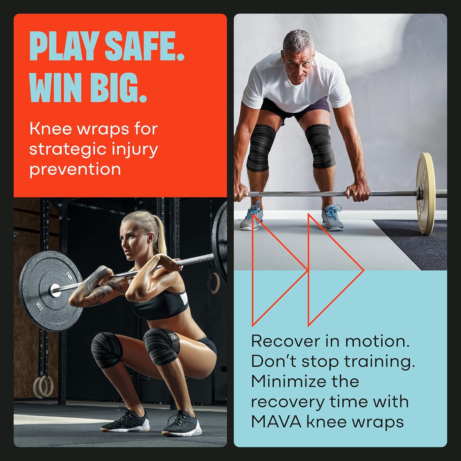 Mava Sports Knee Wraps Pair, 72 in Elastic Compression Support for Squats & Lifting

