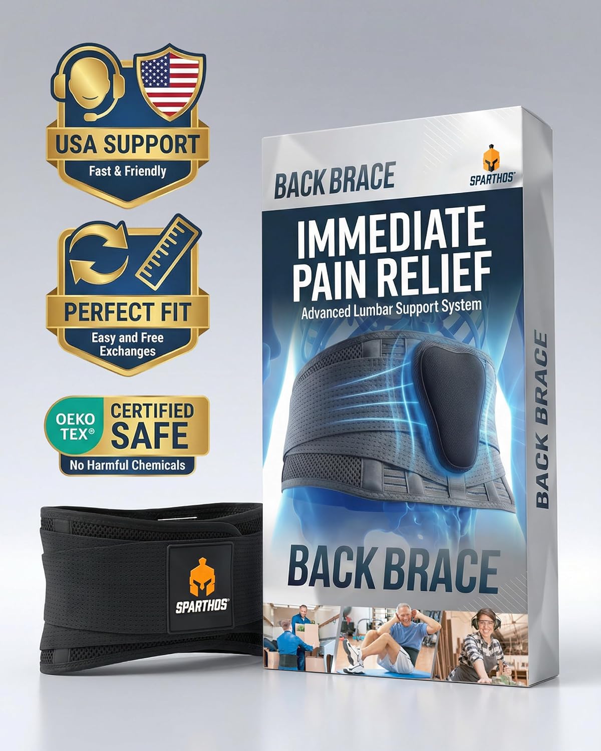 Sparthos Lumbar Back Brace for Lower Back Pain, Breathable Support Pad

