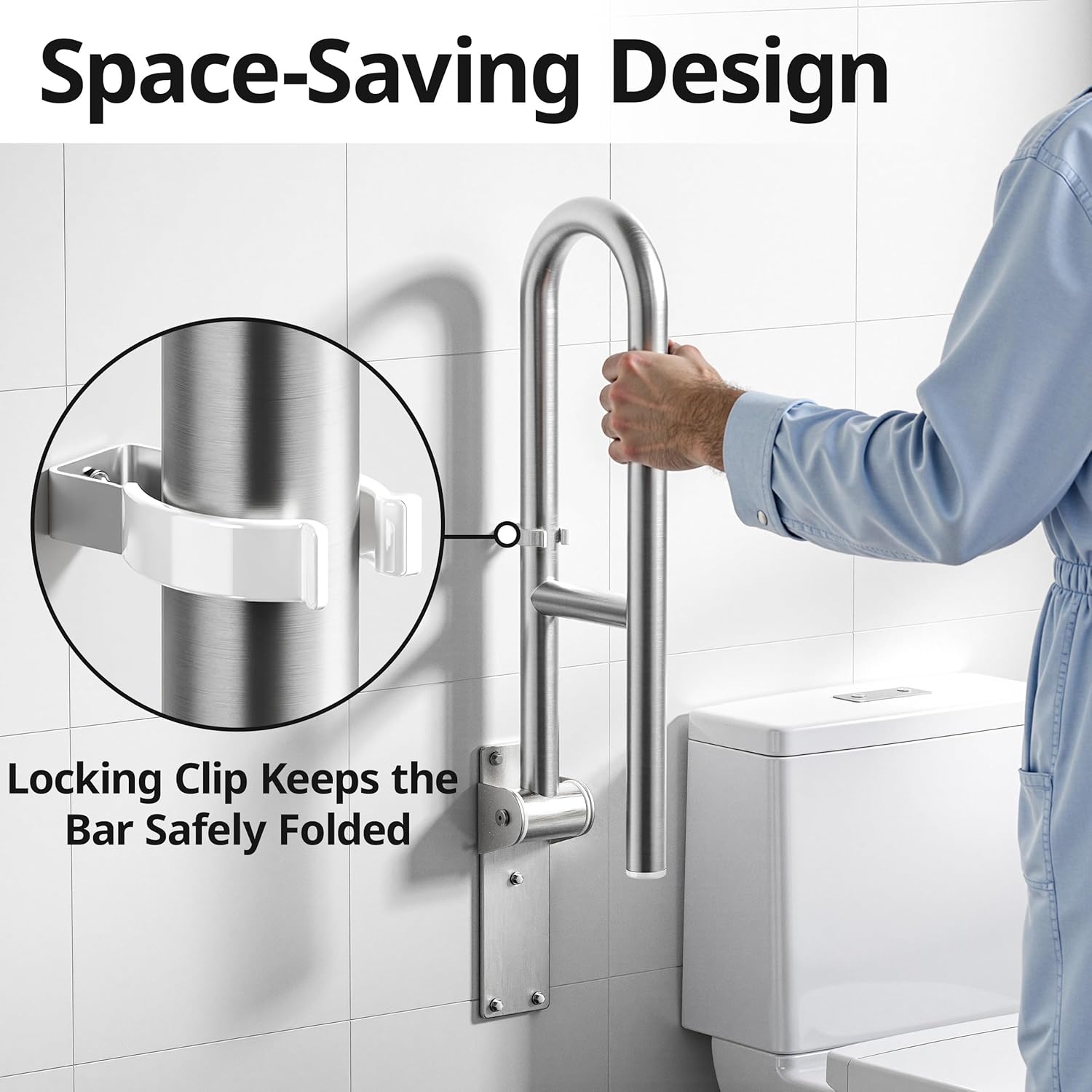 Toilet Grab Bar Bathroom Safety Handrail Wall Mounted, 304 Stainless Steel Flip-Up

