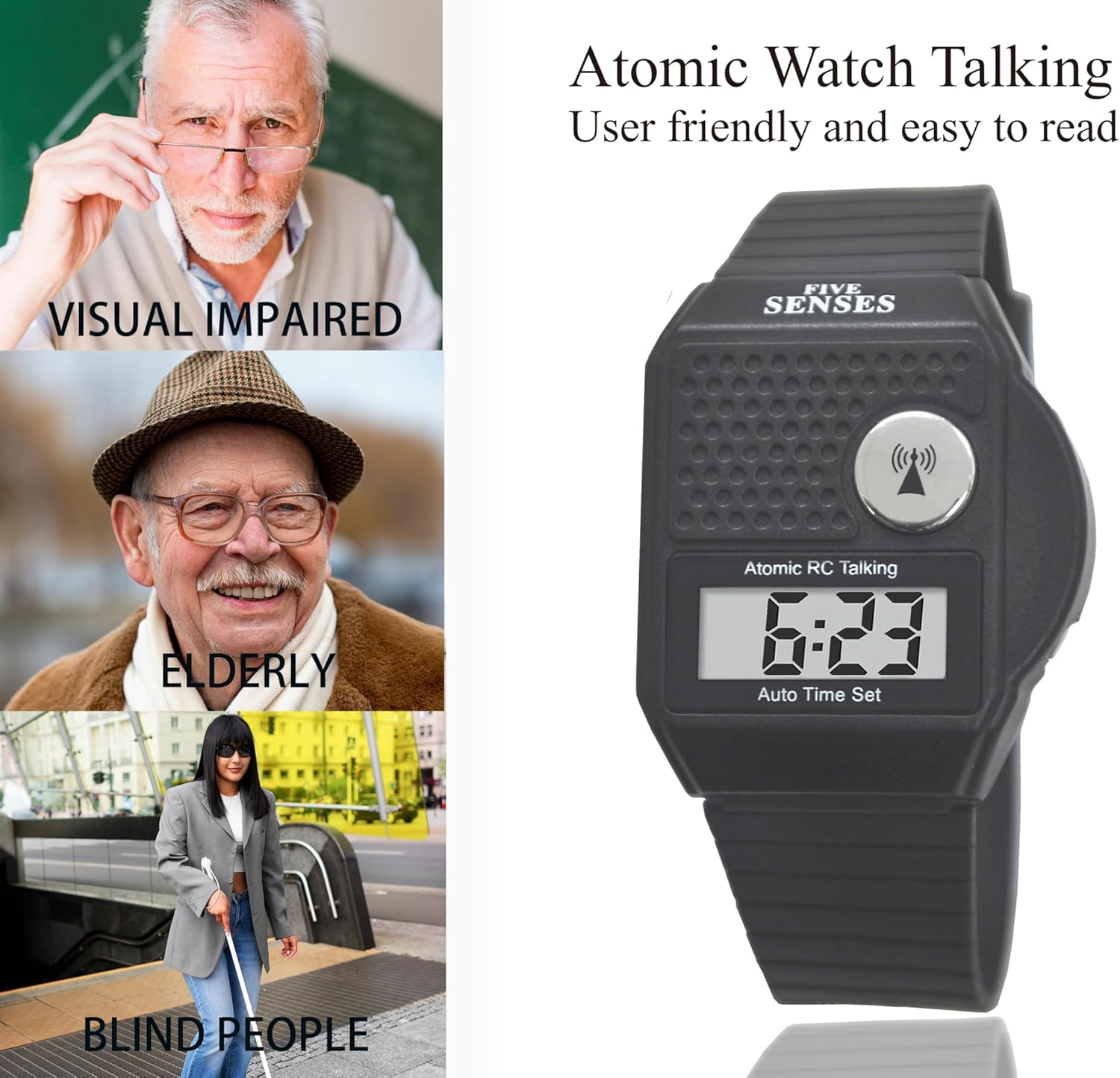 Five Senses English Atomic Talking Watch, Loud Audible Timepiece for Vision Impaired

