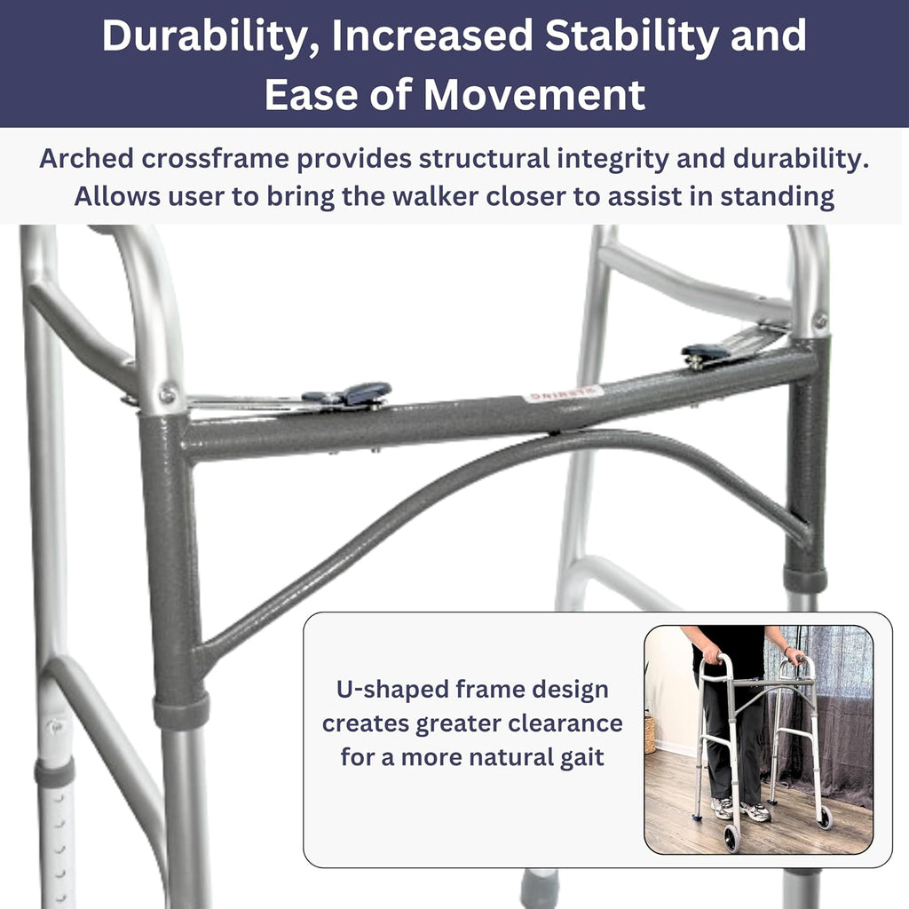 Two-Button Folding Walker with 5 in Wheels and Ski Glides, Height Adjustable

