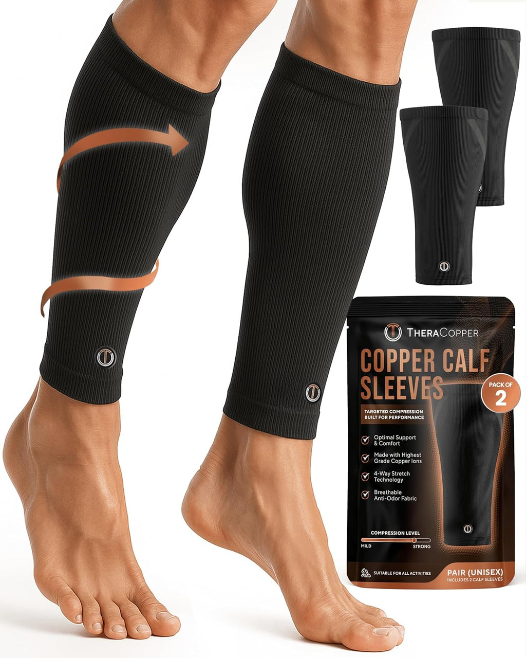 TheraCopper Copper Calf Compression Sleeve, Breathable Non-Slip Leg Support

