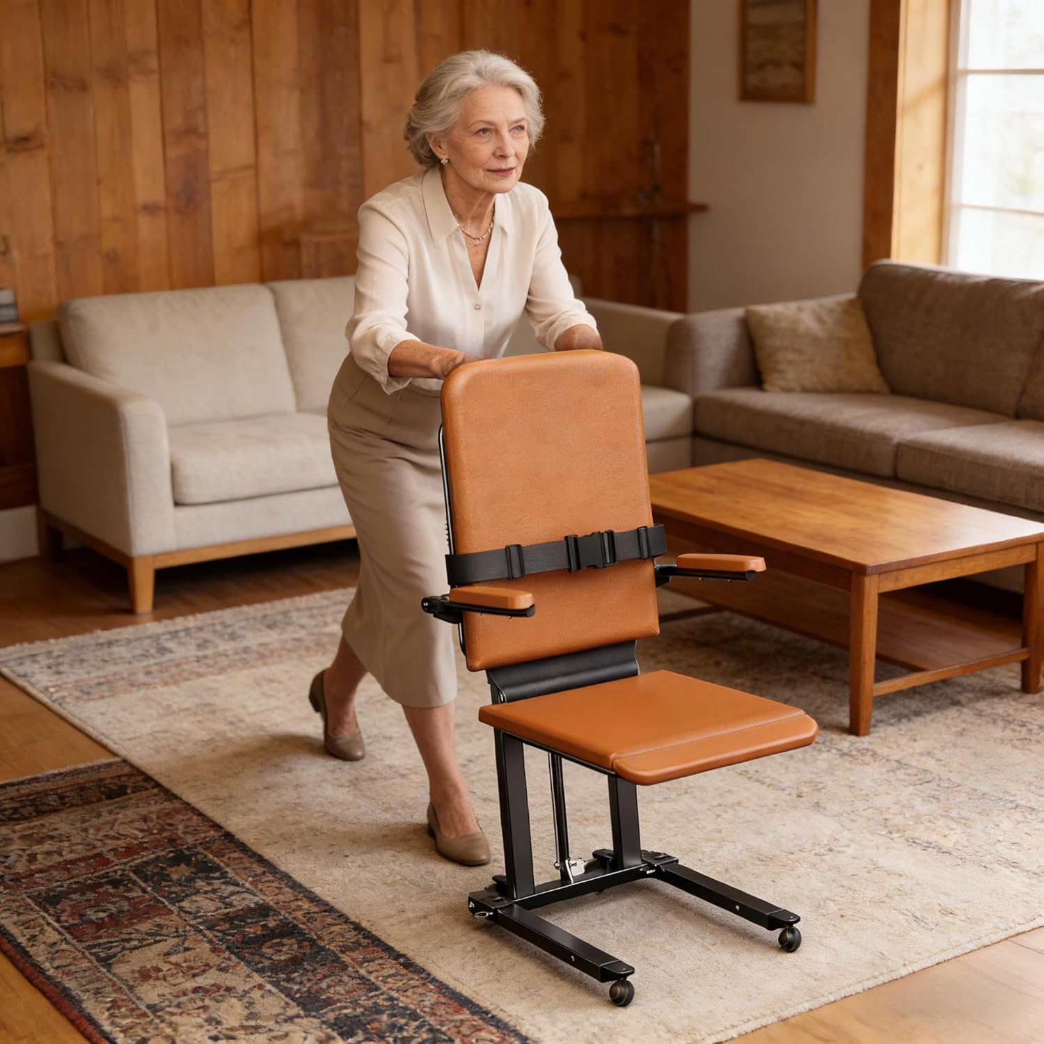Electric Floor Lift Chair with Wheels, PU Cushion, 440 lb Capacity, Remote


