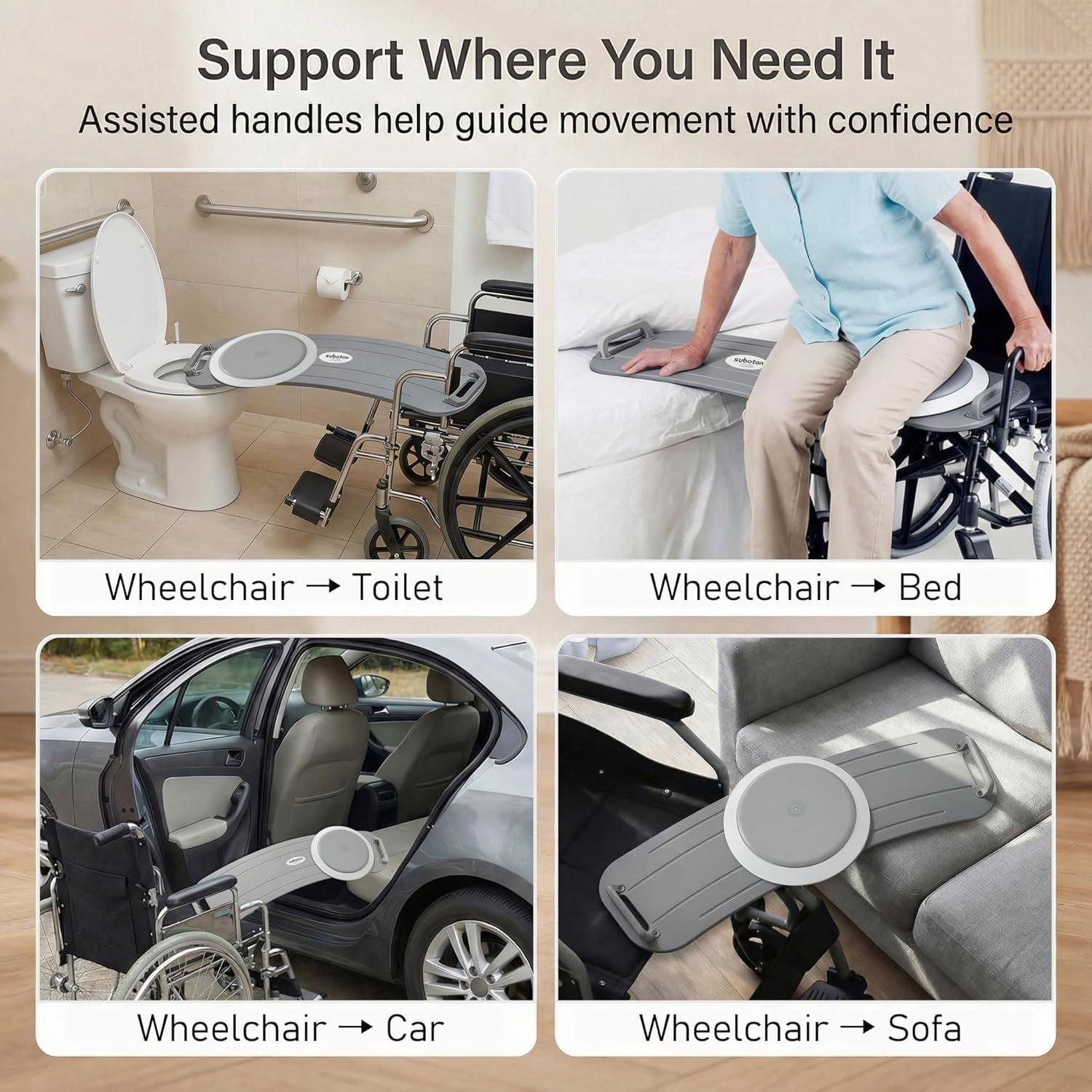 Heavy-Duty Wheelchair Transfer Board with Turntable, Dual Assisted Handles, Non-Slip

