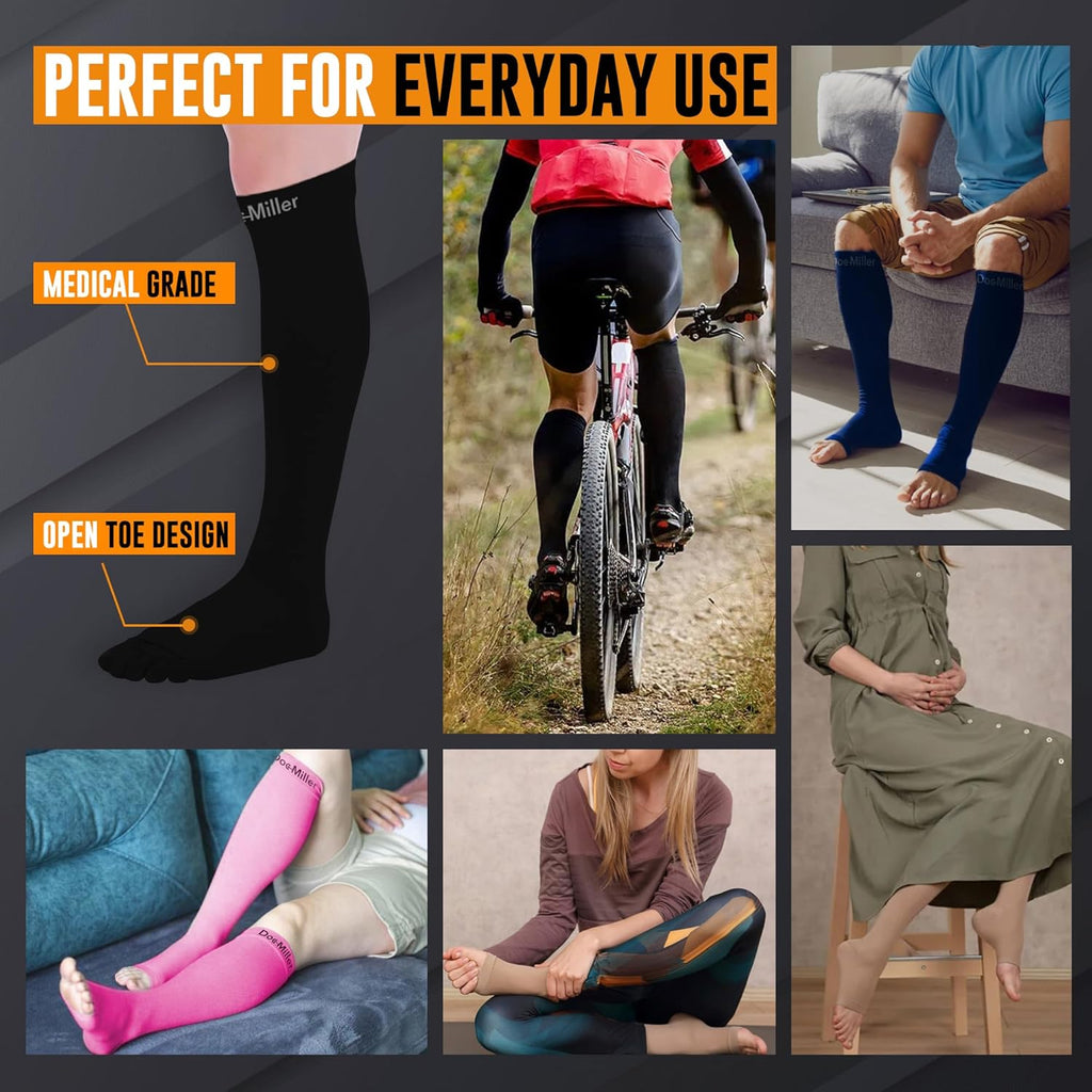 Doc Miller Open Toe Compression Socks 20-30 mmHg Knee High Toeless


