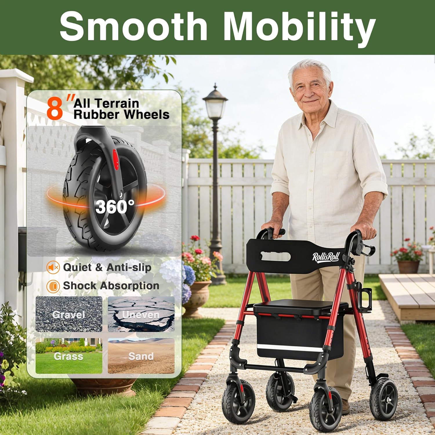 Walkers for Seniors Taller Foldable Rollator Walker Reinforced Aluminum Frame 8" Wheels

