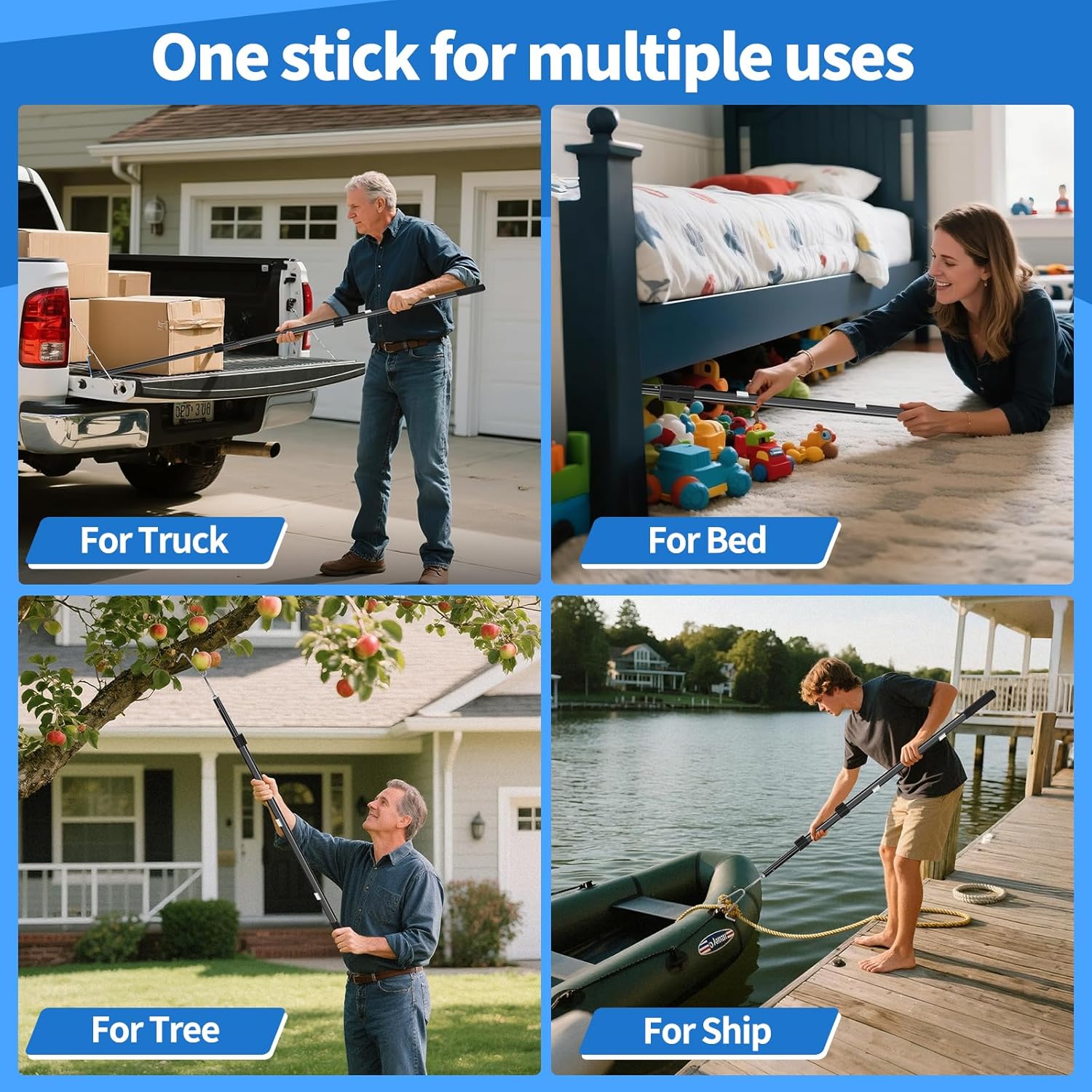 Telescoping Truck Bed Grabber Reach Tool with Hooks, Stainless Steel & Aluminum

