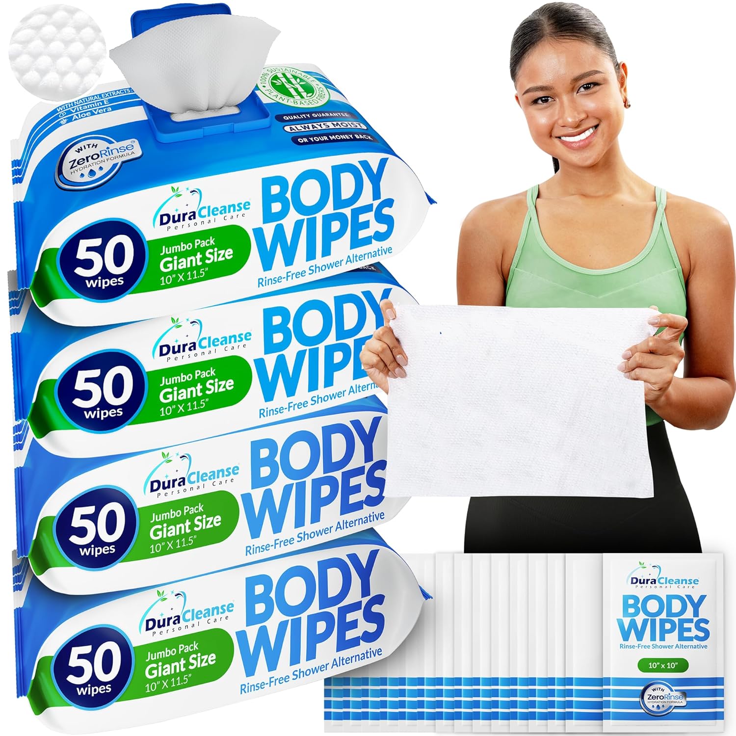 XL No-Rinse Body Wipes with Waterless Washcloths, 200 Wipes + 16 Travel Sheets

