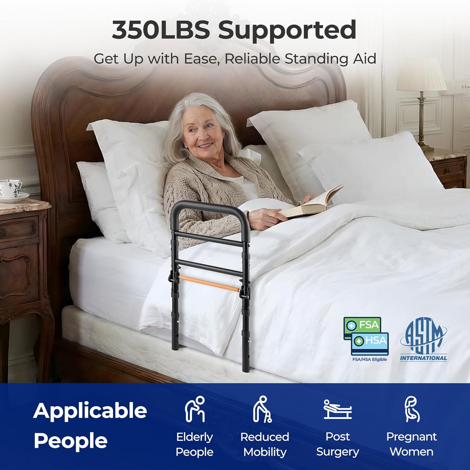 Elderly Bed Assist Rail, Adjustable Height Safety Bed Rails, Tool-Free

