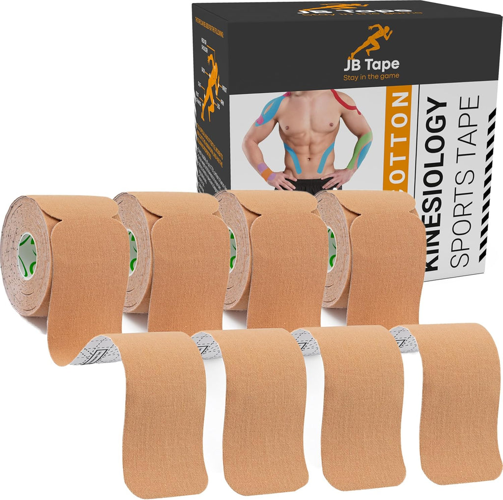 JB Tape Kinesiology Tape 80 Precut 10-Inch Strips, Elastic Latex-Free, 4 Rolls

