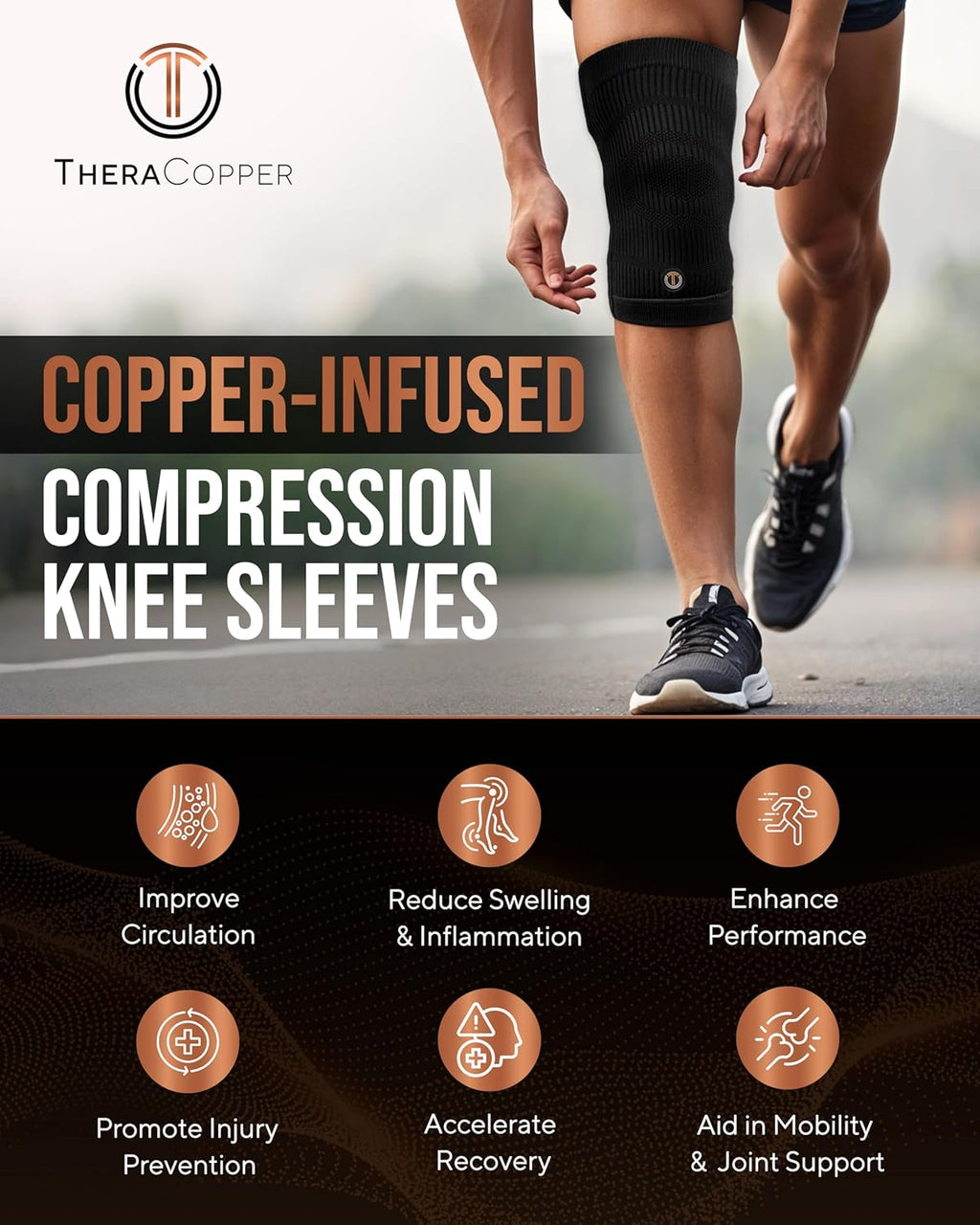 TheraCopper Copper Knee Brace Compression Sleeve for Men & Women, Non-Slip 2 Pack


