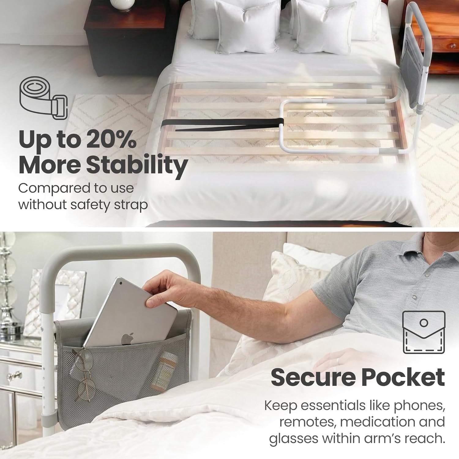 Bed Assist Rail for Seniors, Adjustable Non-Slip Handle with LED Light & Storage

