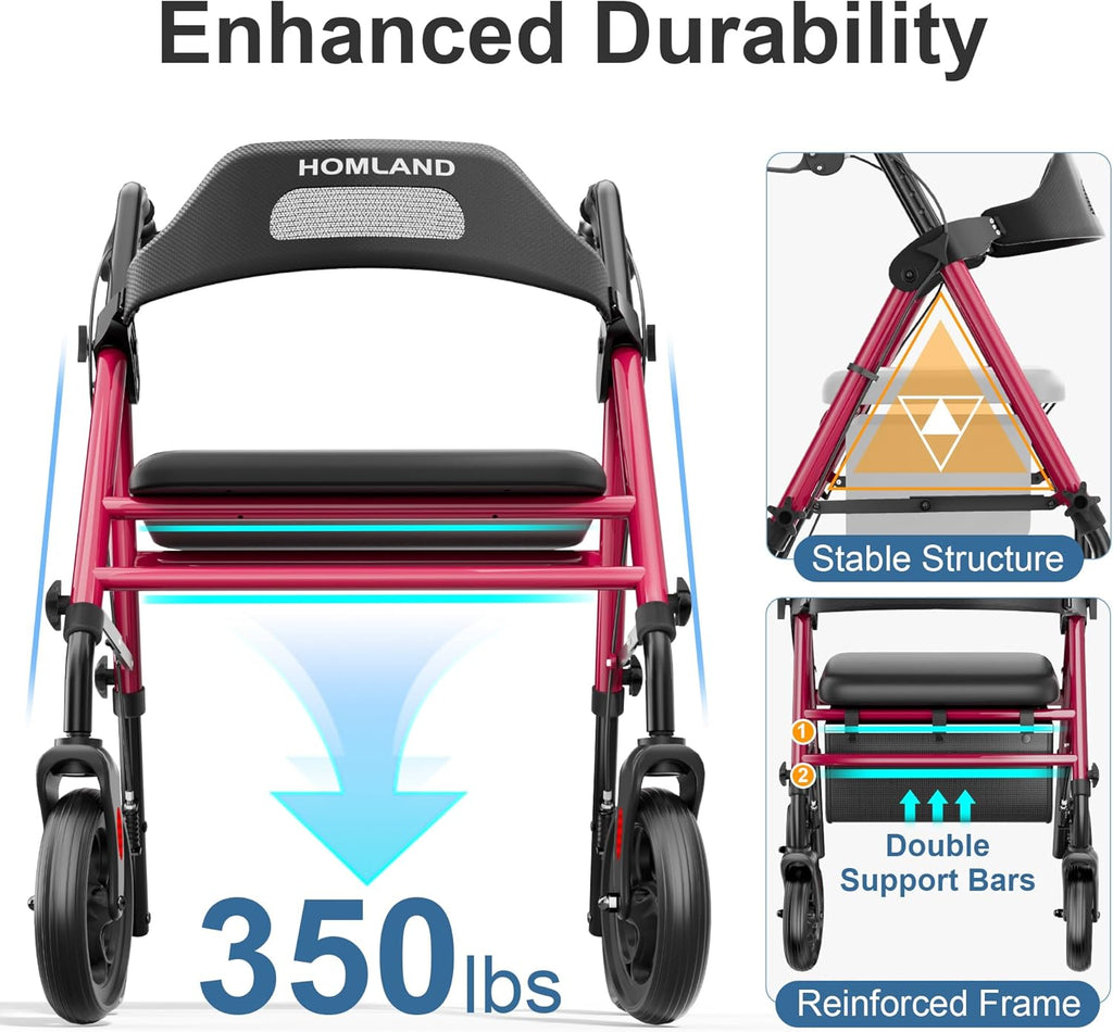 HOMLAND Foldable Rollator Walker with Seat, 8 in Wheels, Adjustable Handles

