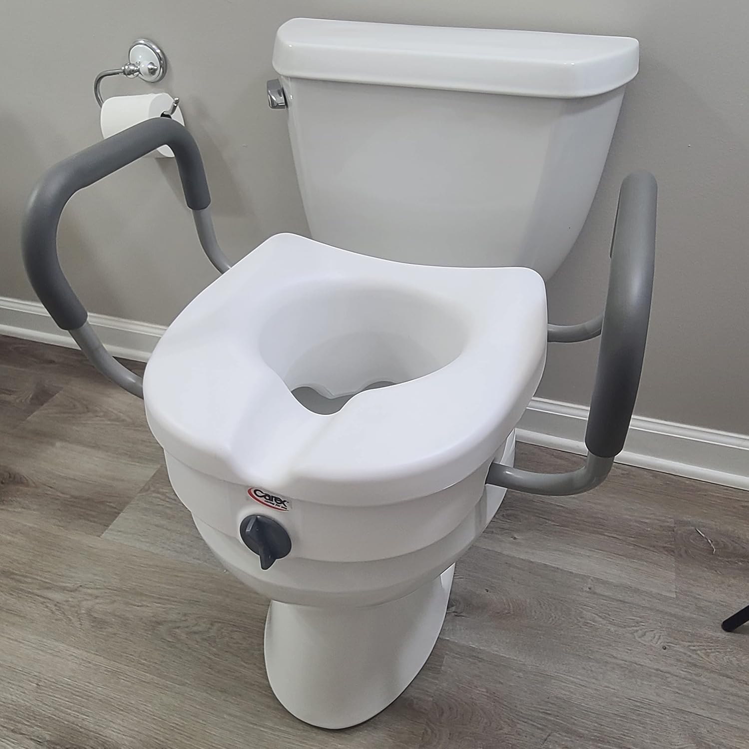 Carex E-Z Lock Raised Toilet Seat Riser with Safety Frame, 5 In Lift, Padded Handles


