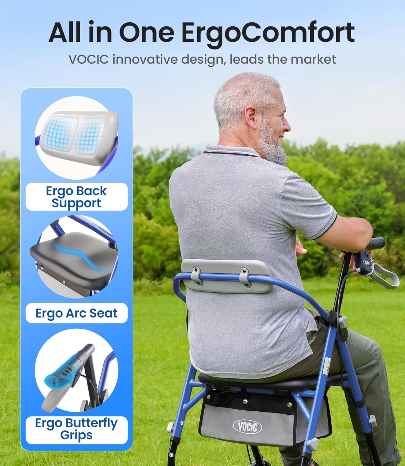 VOCIC Z11 Rollator Walker with Seat, Max 380 lb, Foldable All-Terrain

