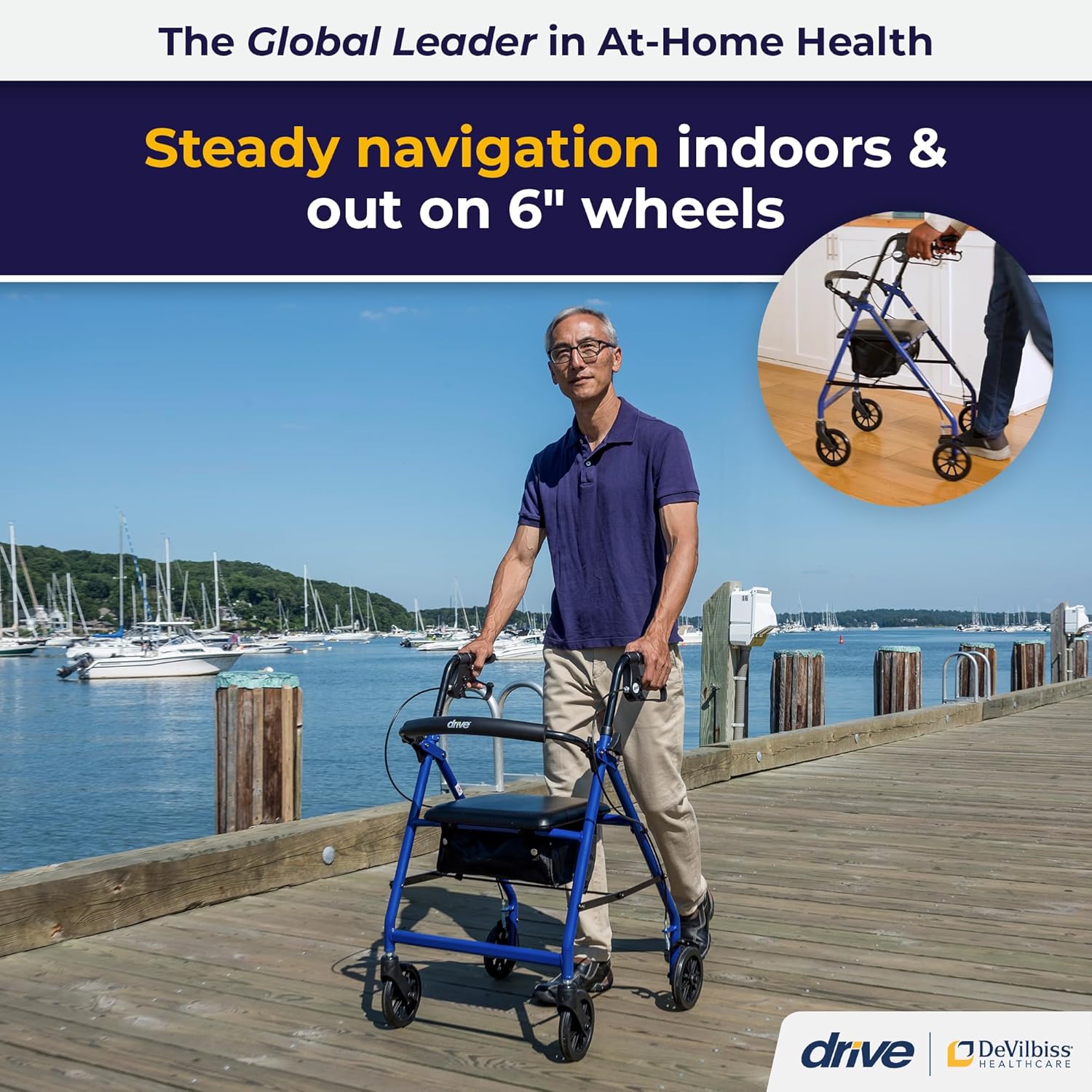 Drive Medical Aluminum Rollator Walker, Fold-Up Padded Seat, 6 in Wheels

