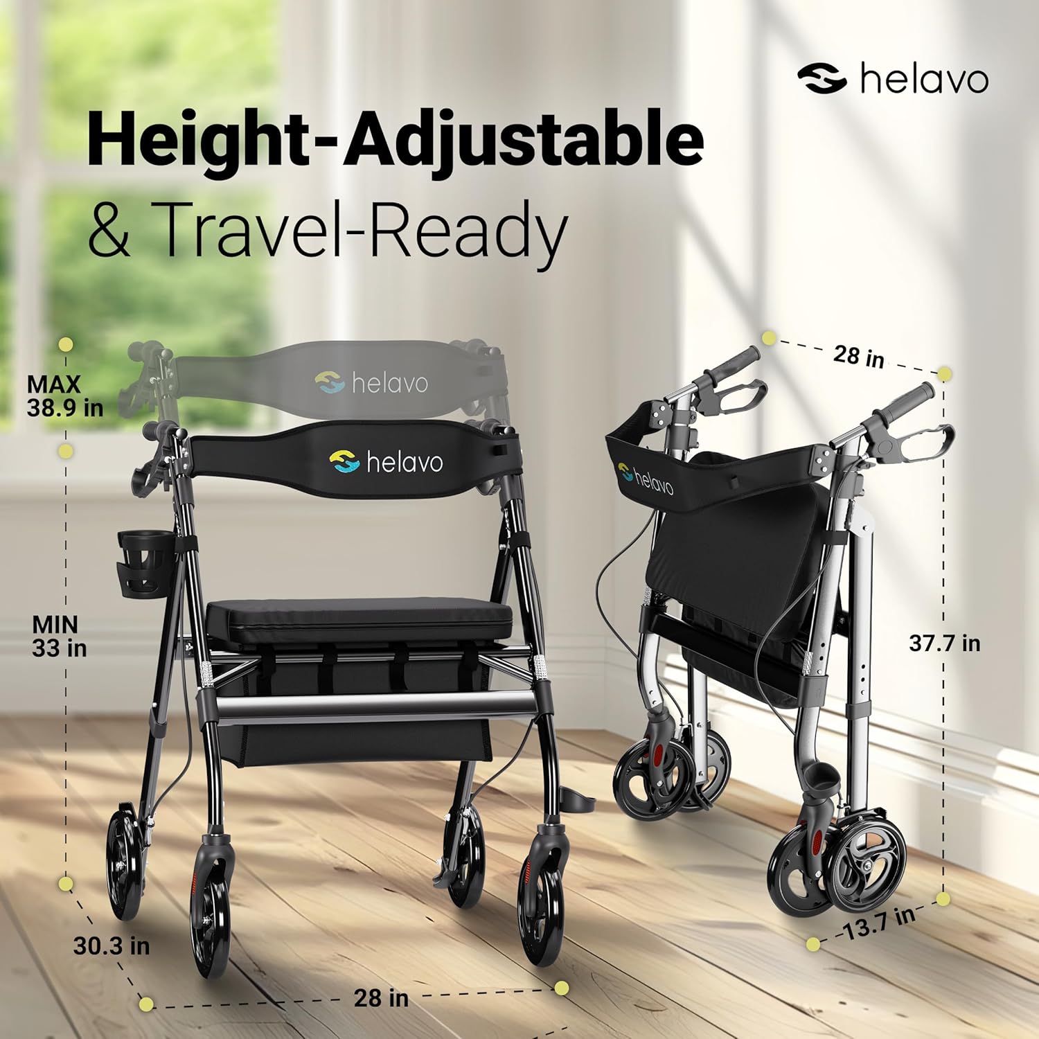 Helavo Bariatric Rollator Walker with Adjustable Seat, 8in Wheels, 550 lb Capacity

