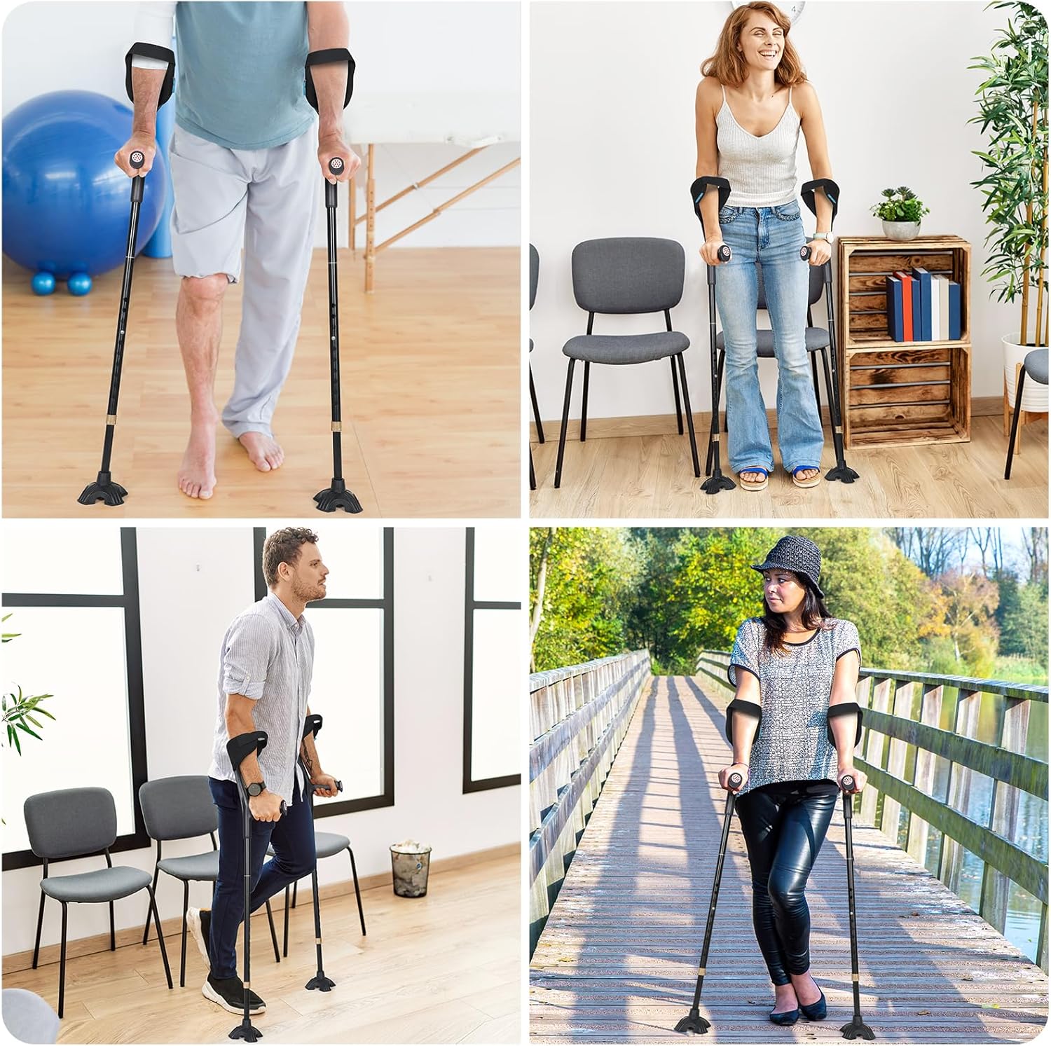 Adjustable Folding Forearm Crutches for Adults with Anti-Slip Quad Base

