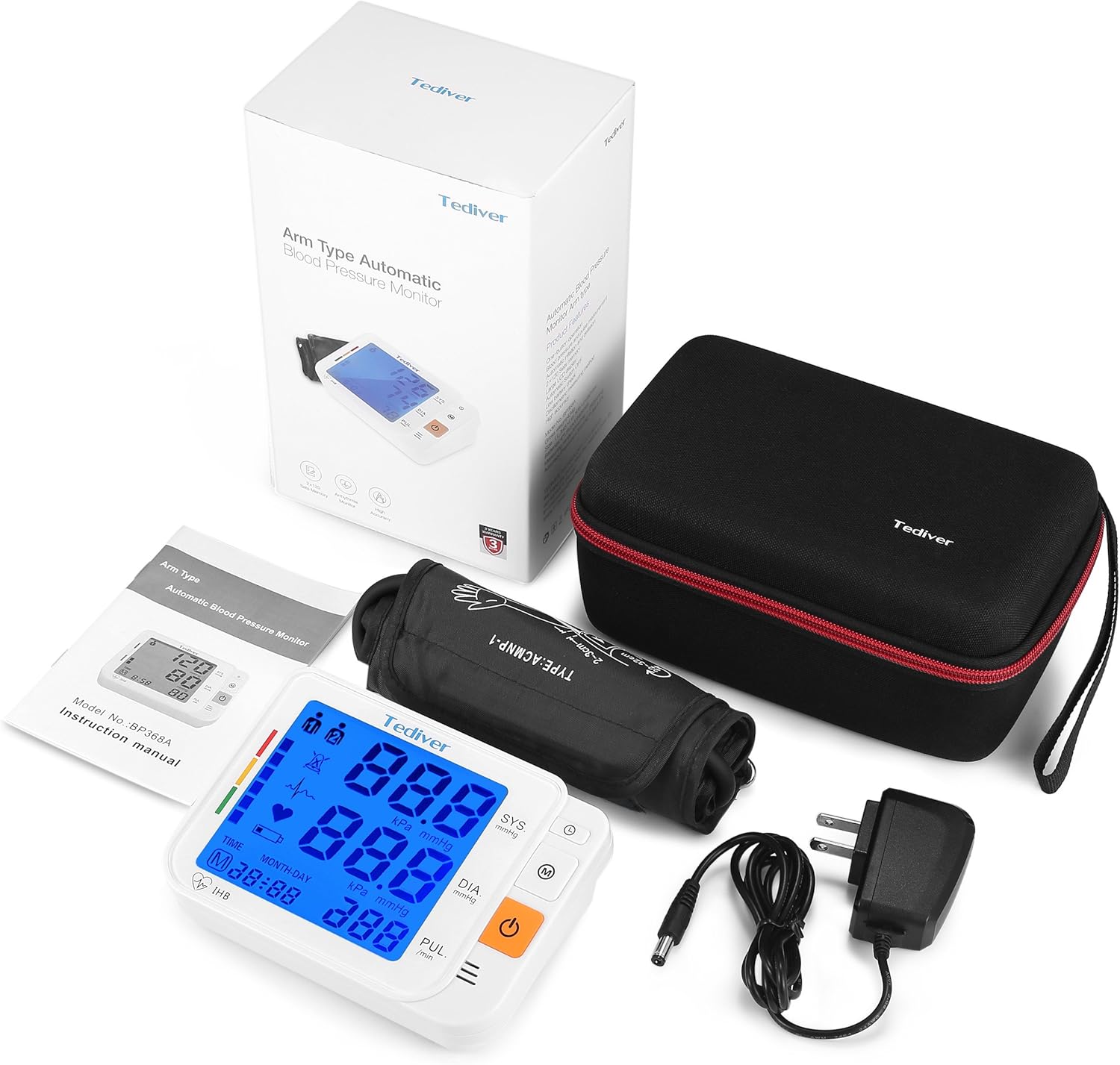 Digital Upper Arm Blood Pressure Monitor, Backlit LCD, Electric Power Charger

