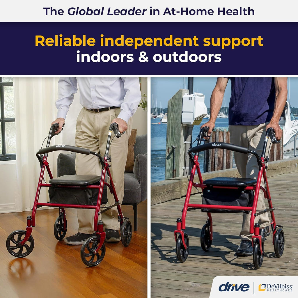 Drive Medical Rollator Walker with Seat, Height Adjustable, Steel Frame, 7.5 in Wheels

