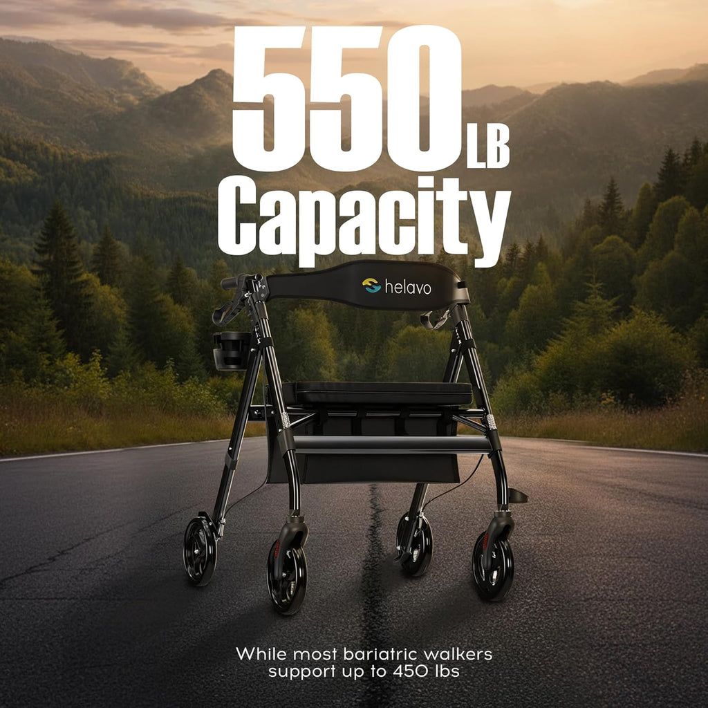 Helavo Bariatric Rollator Walker with Adjustable Seat, 8in Wheels, 550 lb Capacity


