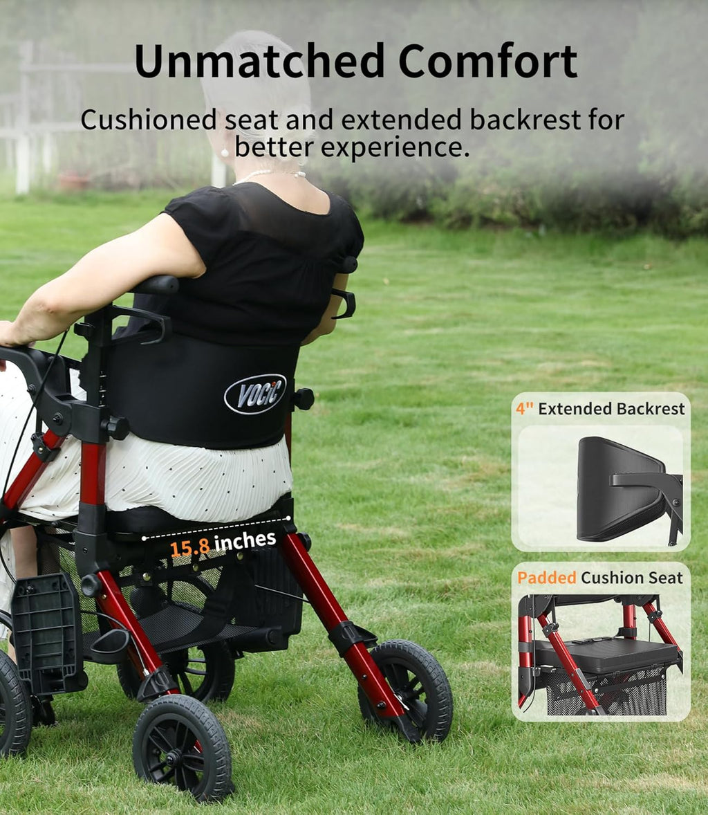 VOCIC 2-in-1 Rollator Walker Transport Chair with Seat, Foldable Brakes

