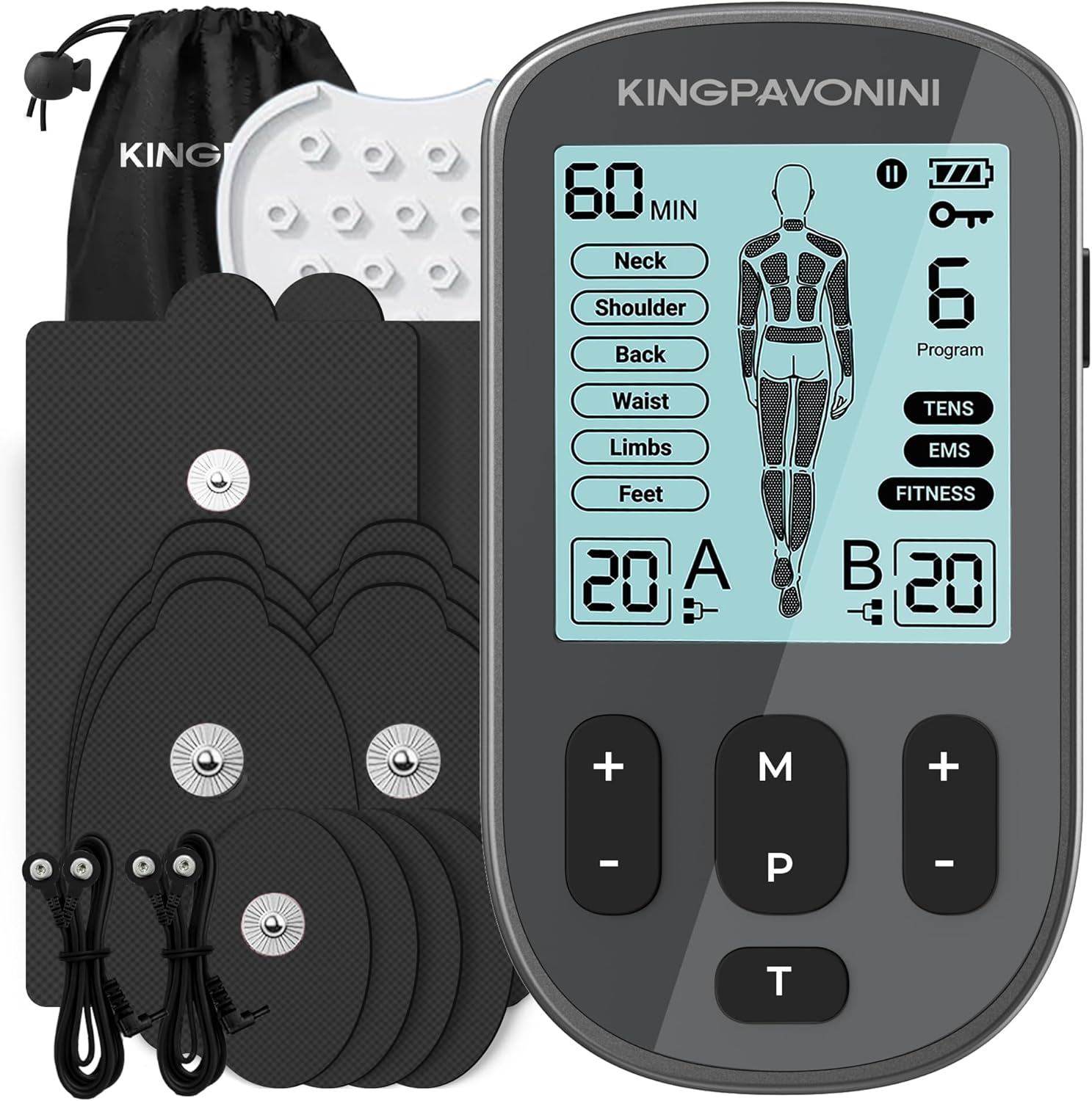 KingPavonini 3-in-1 TENS and EMS Muscle Stimulator with Dual Channel, 36 Modes, 12 Pads

