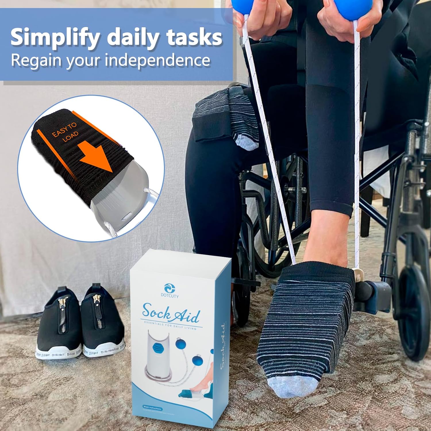 Sock Aid Tool with Adjustable Cords and Ergonomic Foam Handles


