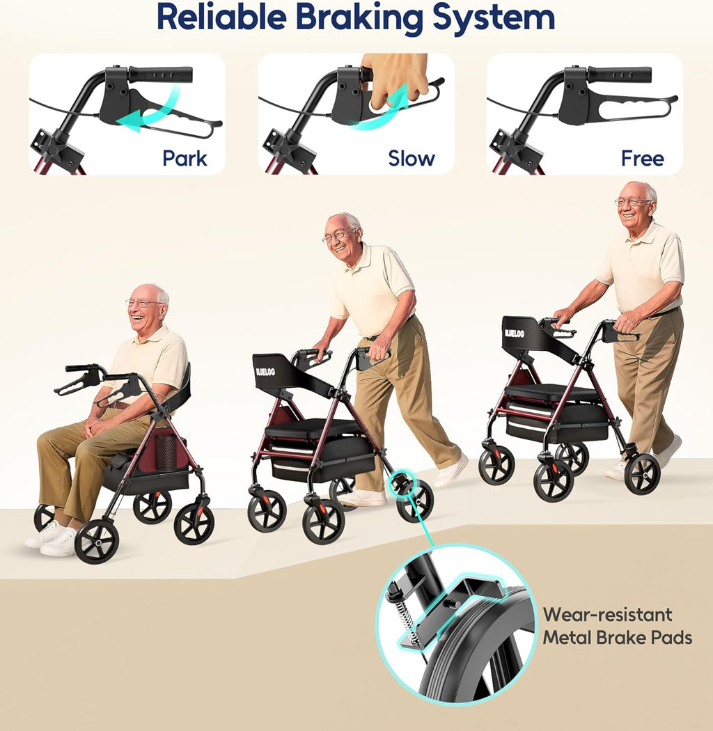 Bluelog Rollator Walker with Seat and Cup Holder, 350 lb Capacity, All-Terrain Wheels

