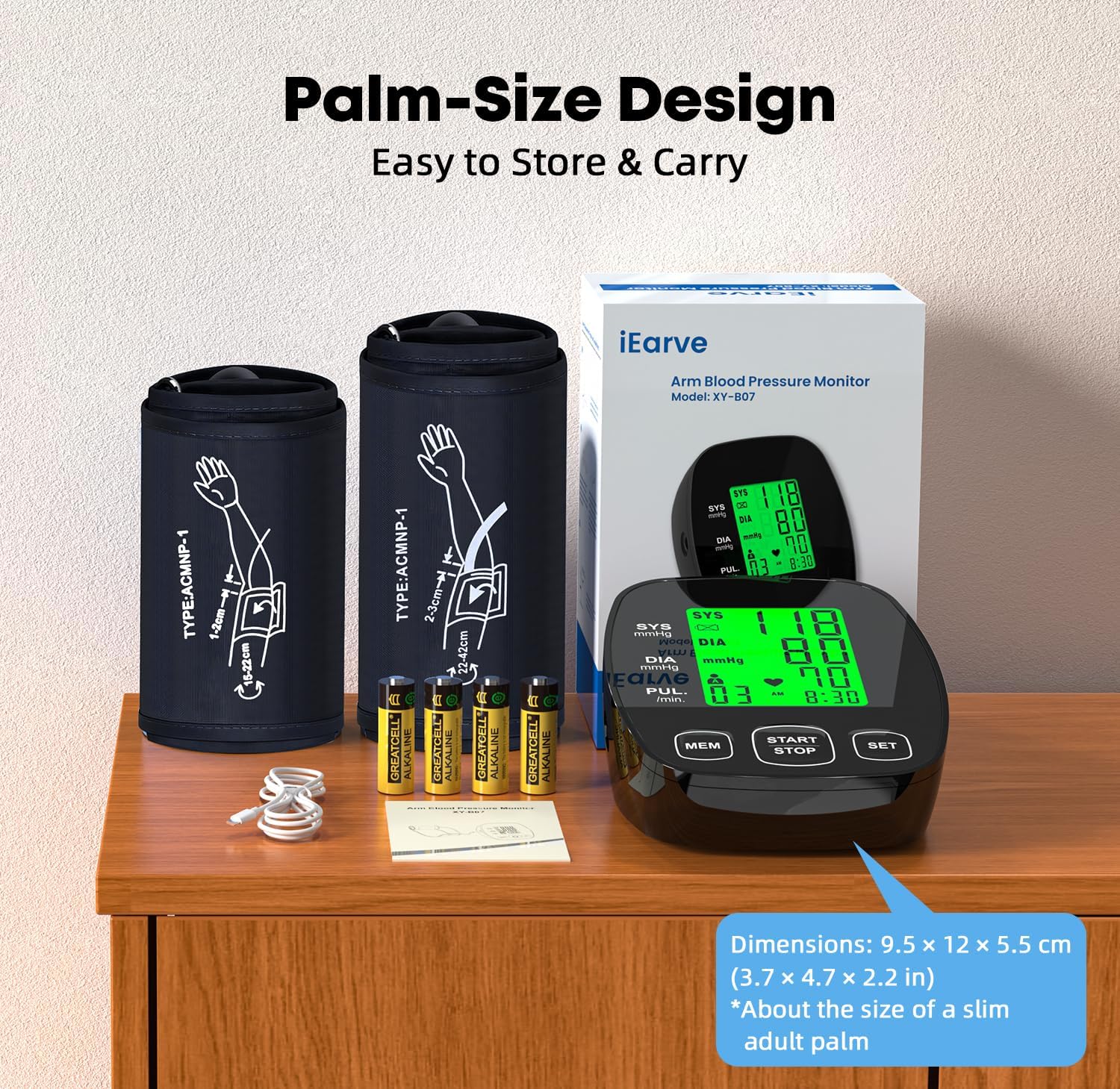 iEarve Upper Arm Blood Pressure Monitor for Home, Wide-Range Cuff, USB Power


