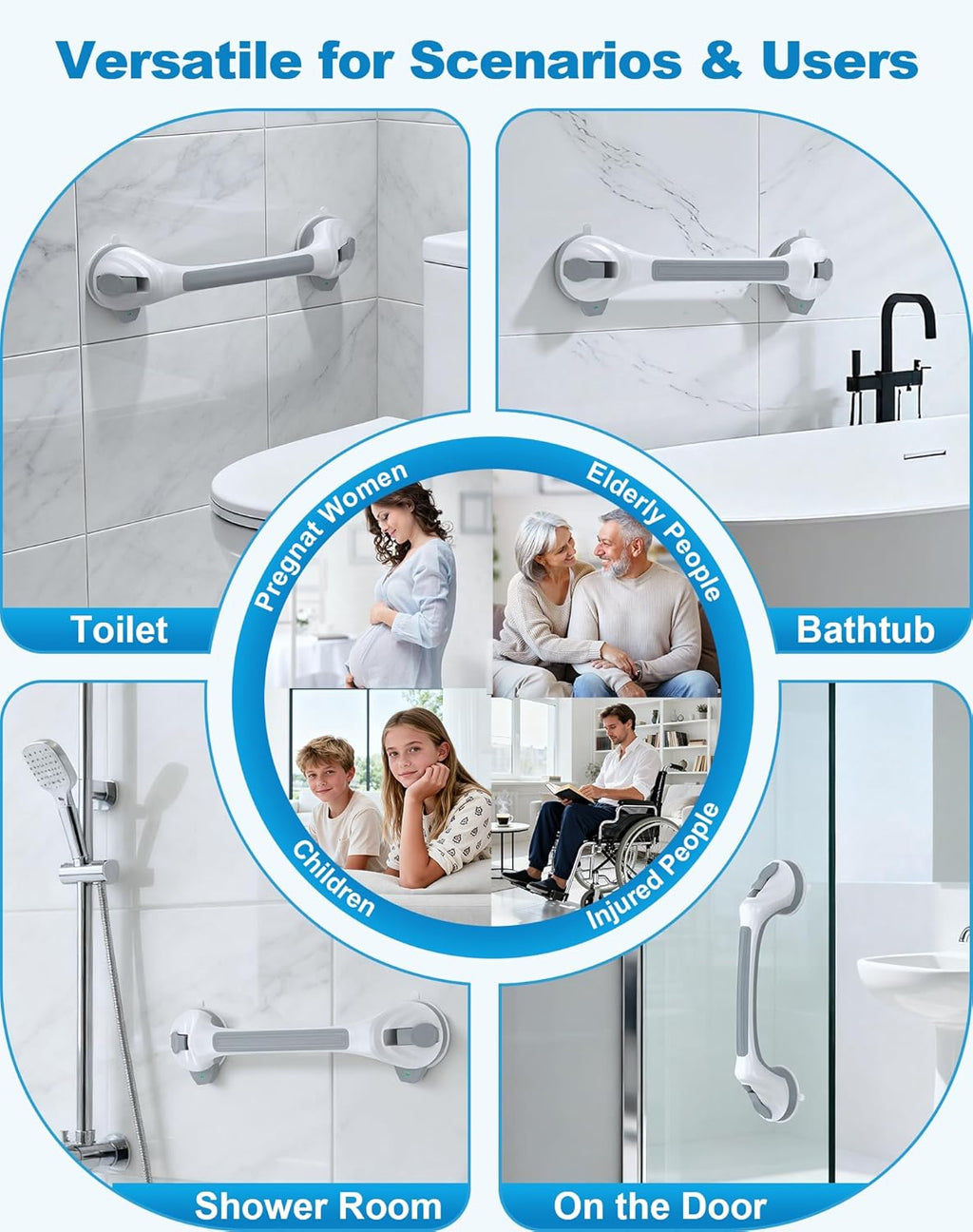 Shower Grab Bars for Seniors 16.7 in Anti-Slip Suction Cup Handle, 2-Pack

