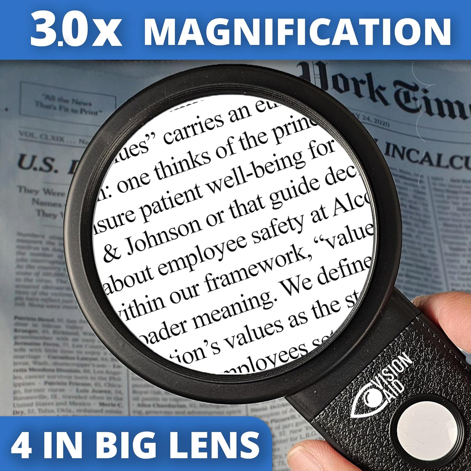 Hands-free magnifying glass with stand and illumination for reading and crafts

