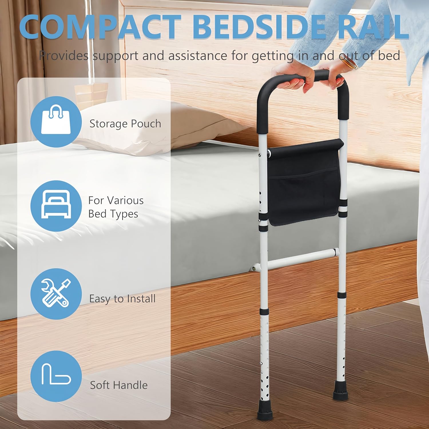 BOLESHU Adjustable Bed Assist Rail for Seniors with Support Legs and Storage Pocket


