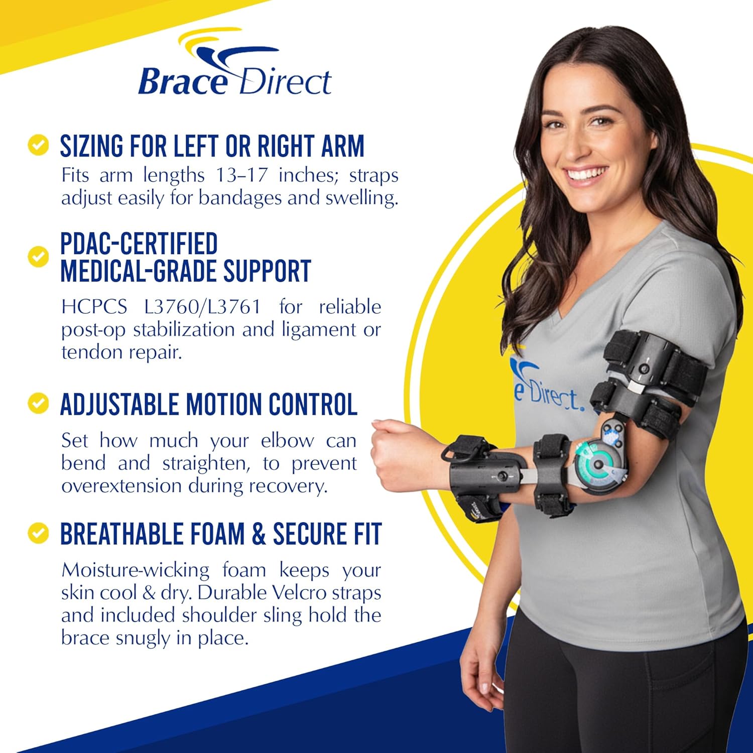 ROM Hinged Elbow Brace Adjustable Range of Motion Dial PDAC L3760 L3761

