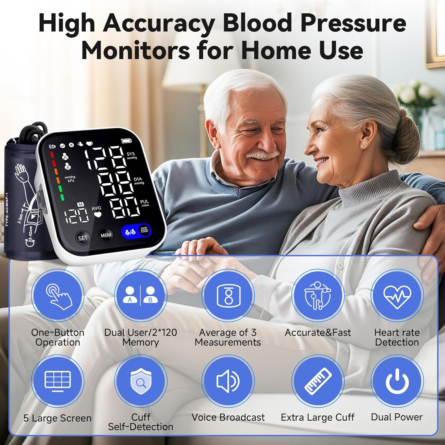 Blood Pressure Monitor Upper Arm for Home Use, 2-User Memory, One Touch

