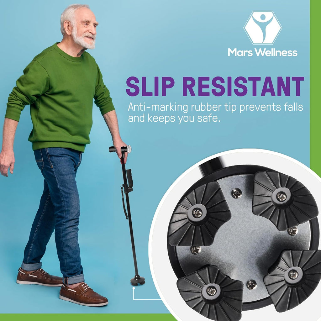 Smart Walking Cane with LED Light, Foldable Tripod Cane with Flashlight & Alarm

